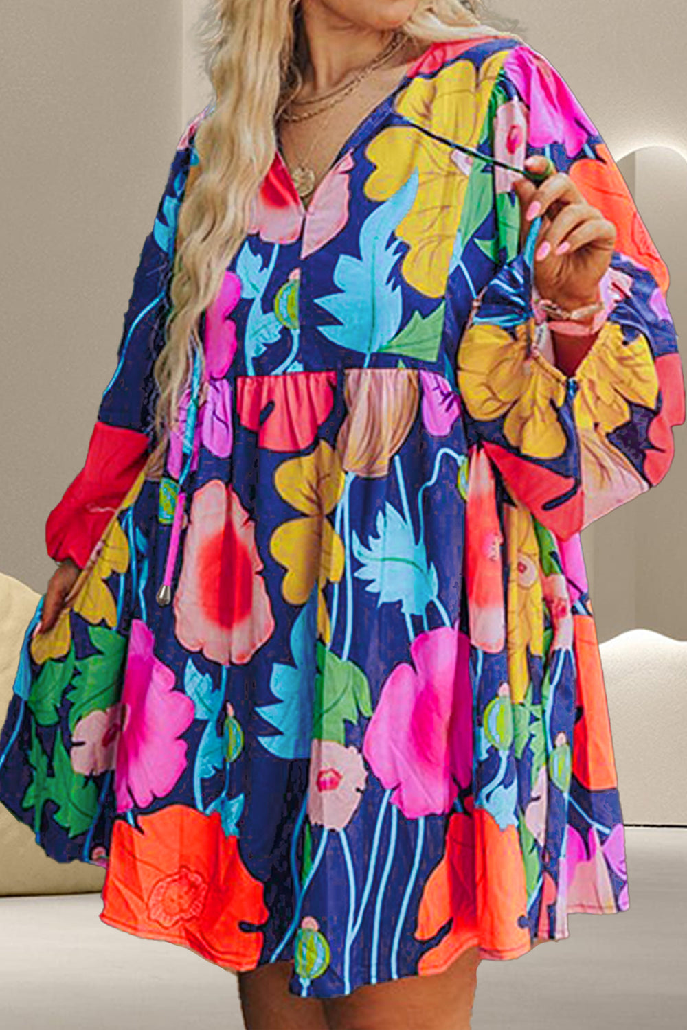 Explore More Collection - Plus Size Printed Tie Neck Long Sleeve Dress