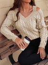 Explore More Collection - Honey Cable-Knit V-Neck Cold Shoulder Sweater