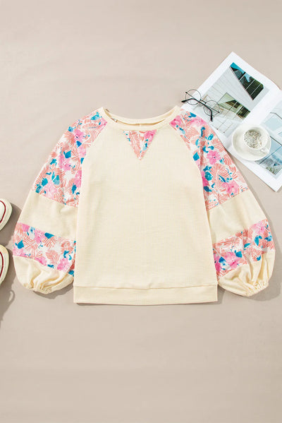 Explore More Collection - Printed Round Neck Balloon Sleeve Blouse