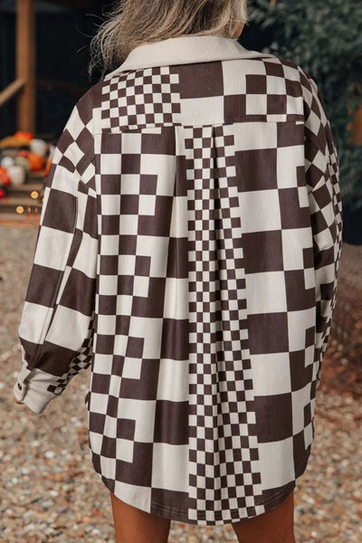 Explore More Collection - Pocketed Checkered Button Up Long Sleeve Jacket