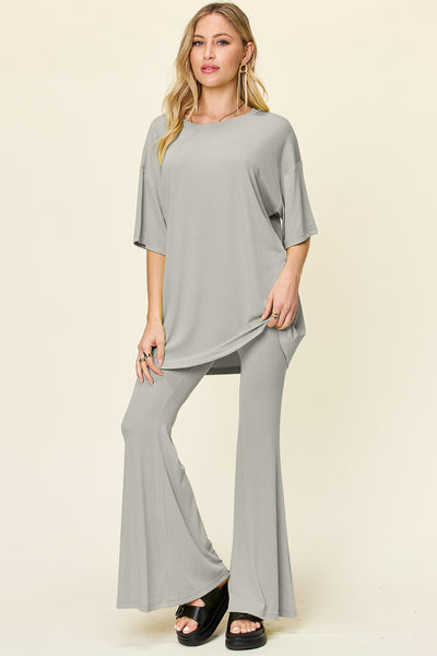 Explore More Collection - Double Take Full Size Round Neck Drop Shoulder T-Shirt and Flare Pants Set