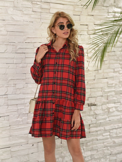 Explore More Collection - Ruffle Hem Plaid Button Down Long Sleeve Dress