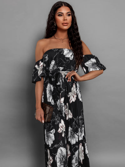 Explore More Collection - Pleated Floral Off-Shoulder Short Sleeve Midi Dress