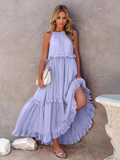 Explore More Collection - Ruffled Sleeveless Tiered Maxi Dress with Pockets