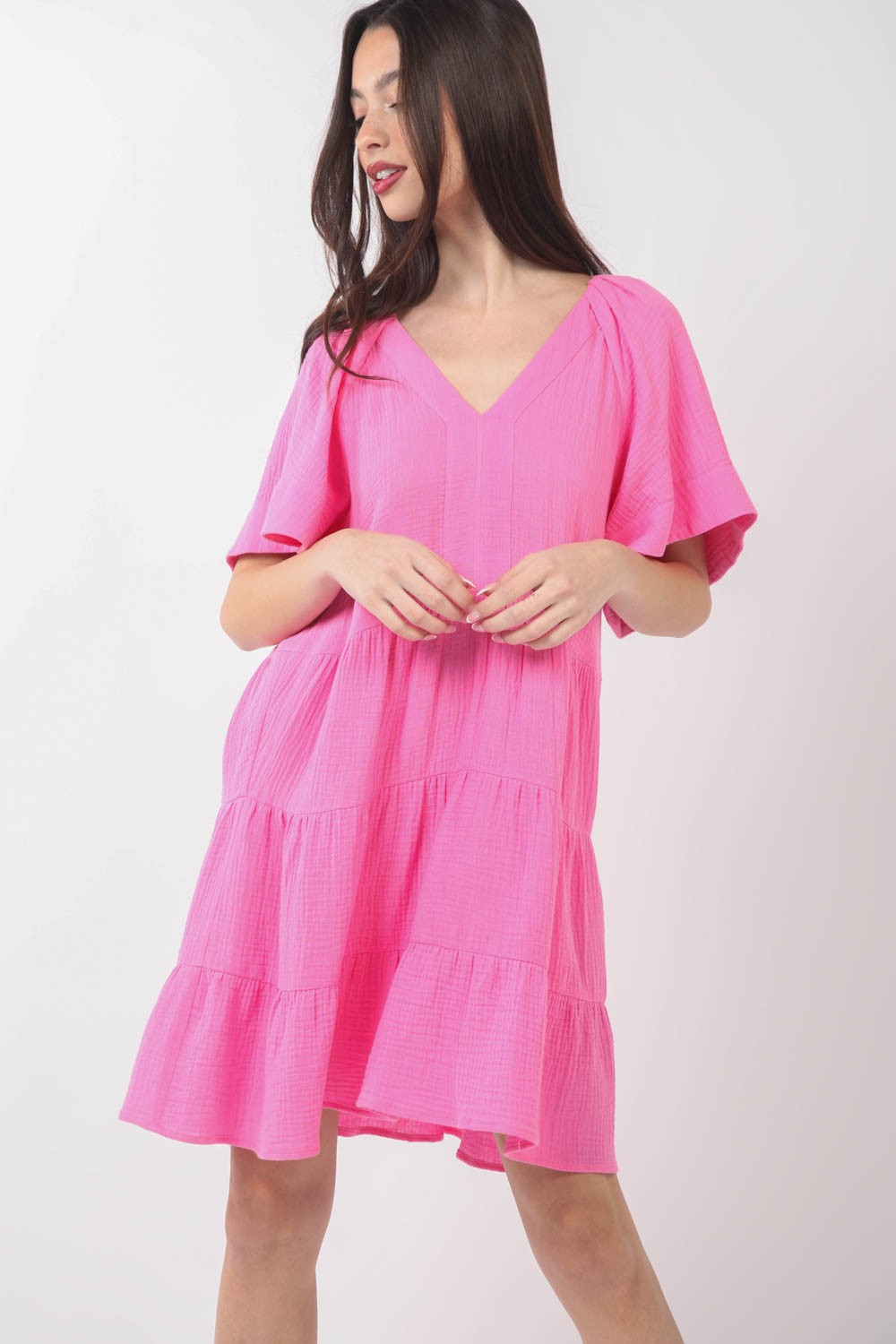 Explore More Collection - VERY J Texture V-Neck Ruffled Tiered Dress