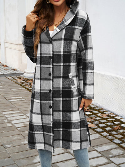 Explore More Collection - Plaid Long Sleeve Hooded Coat