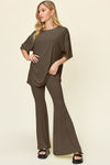 Explore More Collection - Double Take Full Size Round Neck Drop Shoulder T-Shirt and Flare Pants Set