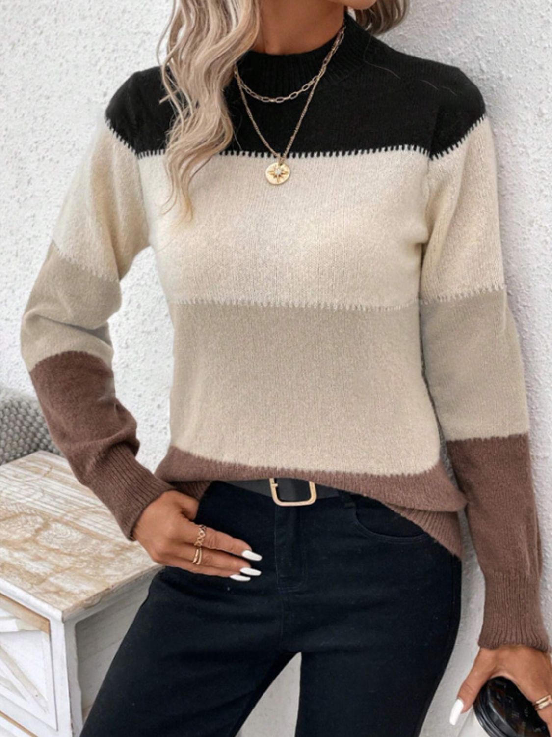 Explore More Collection - Color Block Mock Neck Long Sleeve Sweater