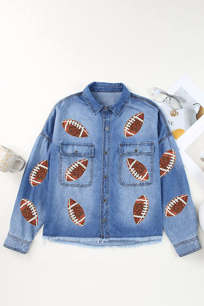 Explore More Collection - Raw Hem Sequin Football Long Sleeve Denim Jacket