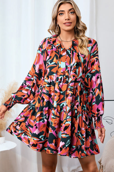 Explore More Collection - Printed Tie Neck Lantern Sleeve Mini Dress