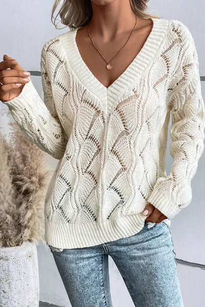 Explore More Collection - Openwork V-Neck Long Sleeve Sweater