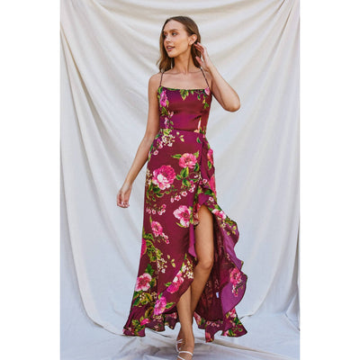 Perfect Option Open Back Ruffled Maxi Dress: MERLOT ROSE