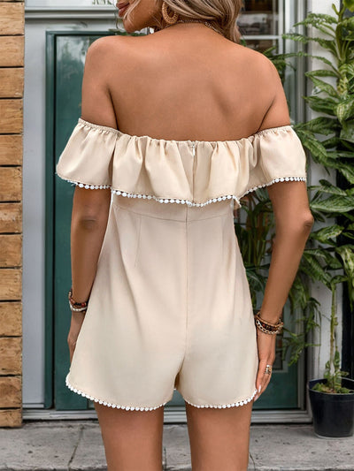 Explore More Collection - Tied Ruffled Off-Shoulder Short Sleeve Romper