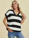 Explore More Collection - Double Take Full Size Striped V-Neck Short Sleeve Sweater