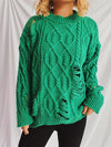 Explore More Collection - Distressed Cable-Knit Round Neck Long Sleeve Sweater