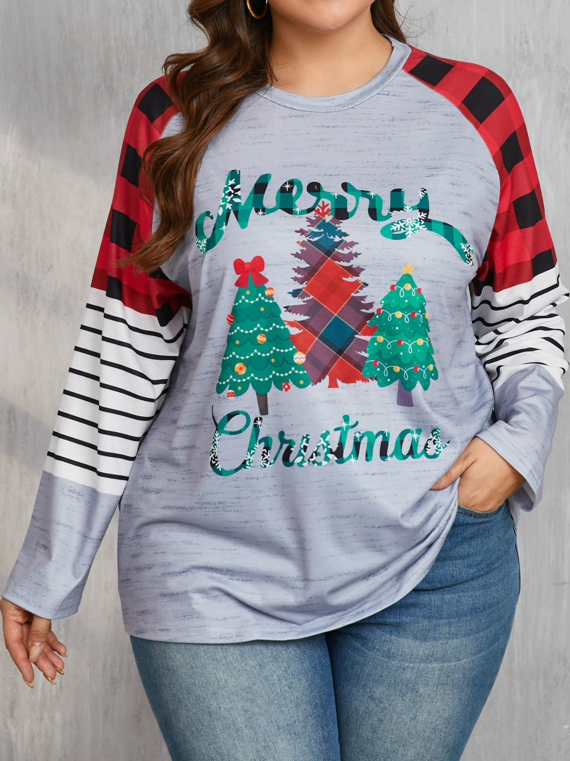 Explore More Doorbusters - Plus Size Christmas Tree Plaid Round Neck Long Sleeve T-Shirt