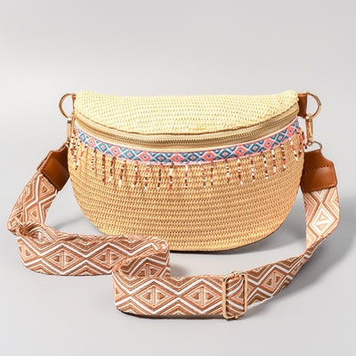 Explore More Collection - Bead Trim Straw Weave Crossbody Bag