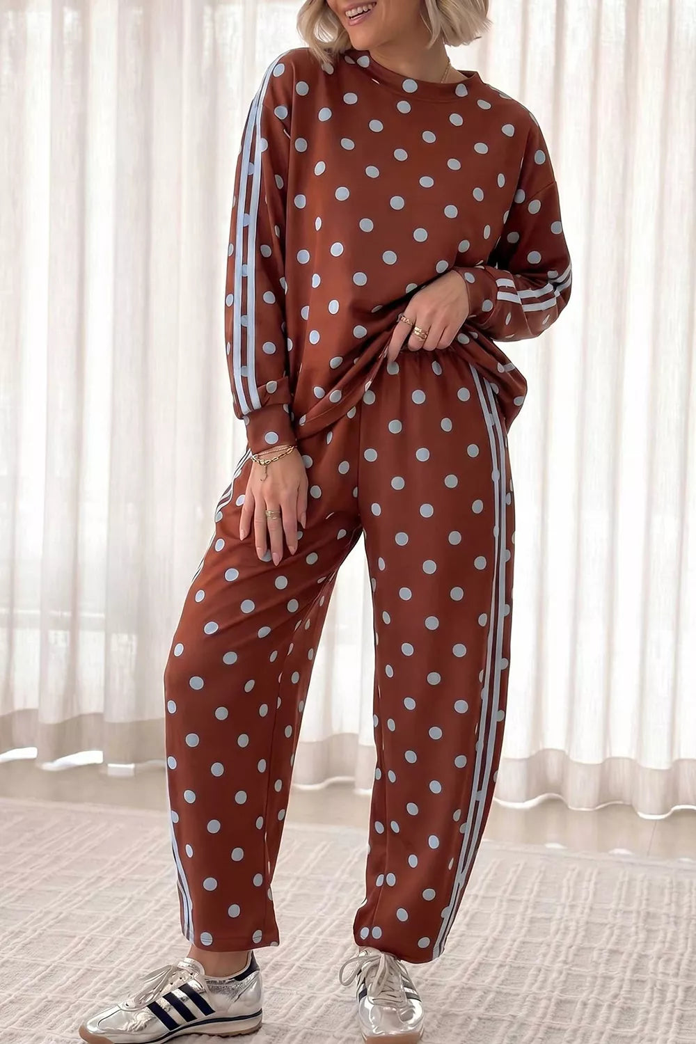 Polka Dot Print Side Stripe Detail Long Sleeve Top Casual Pant Set