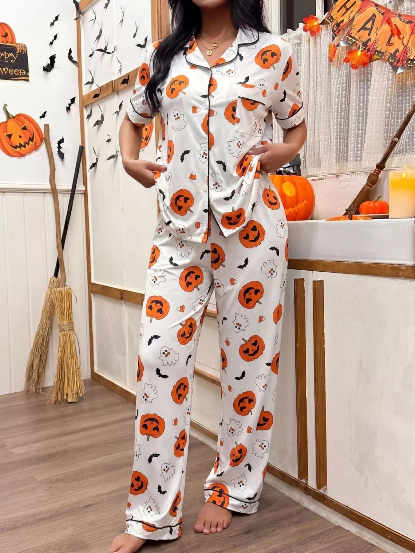 Halloween Pumpkin Print Button-Down Top and Pants Set