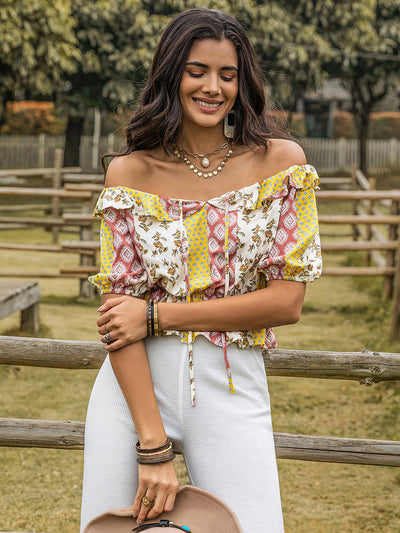 Explore More Collection - Ruffled Printed Off-Shoulder Short Sleeve Blouse