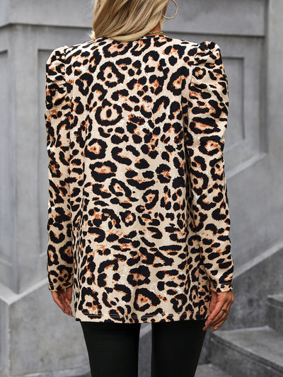 Explore More Collection - Leopard Open Front Puff Sleeve Jacket