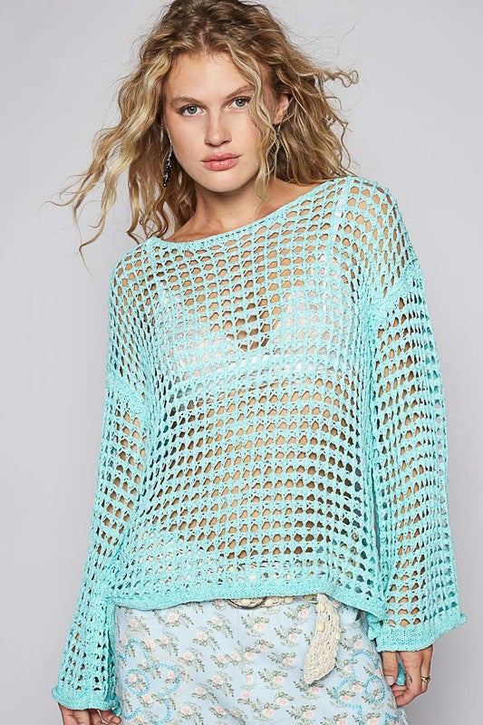Explore More Collection - POL Side Slit Openwork Long Sleeve Knit Cover Up
