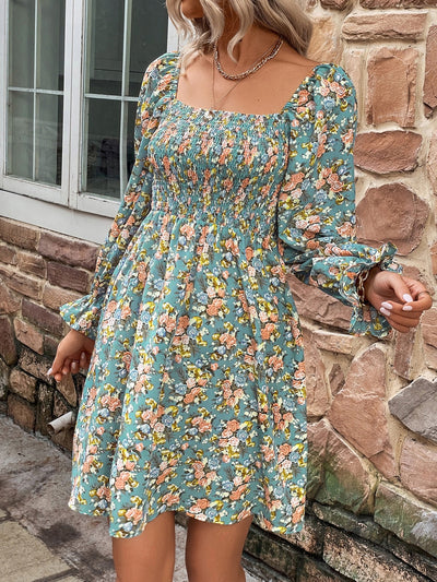 Explore More Collection - Floral Smocked Flounce Sleeve Square Neck Dress