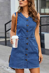 Explore More Collection - Full Size Button Up V-Neck Sleeveless Denim Dress