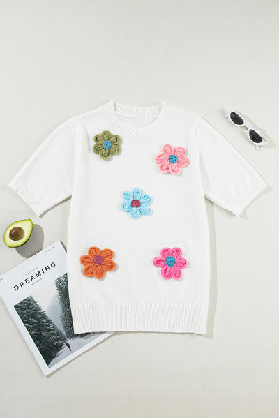 Explore More Collection - Flower Round Neck Short Sleeve Sweater