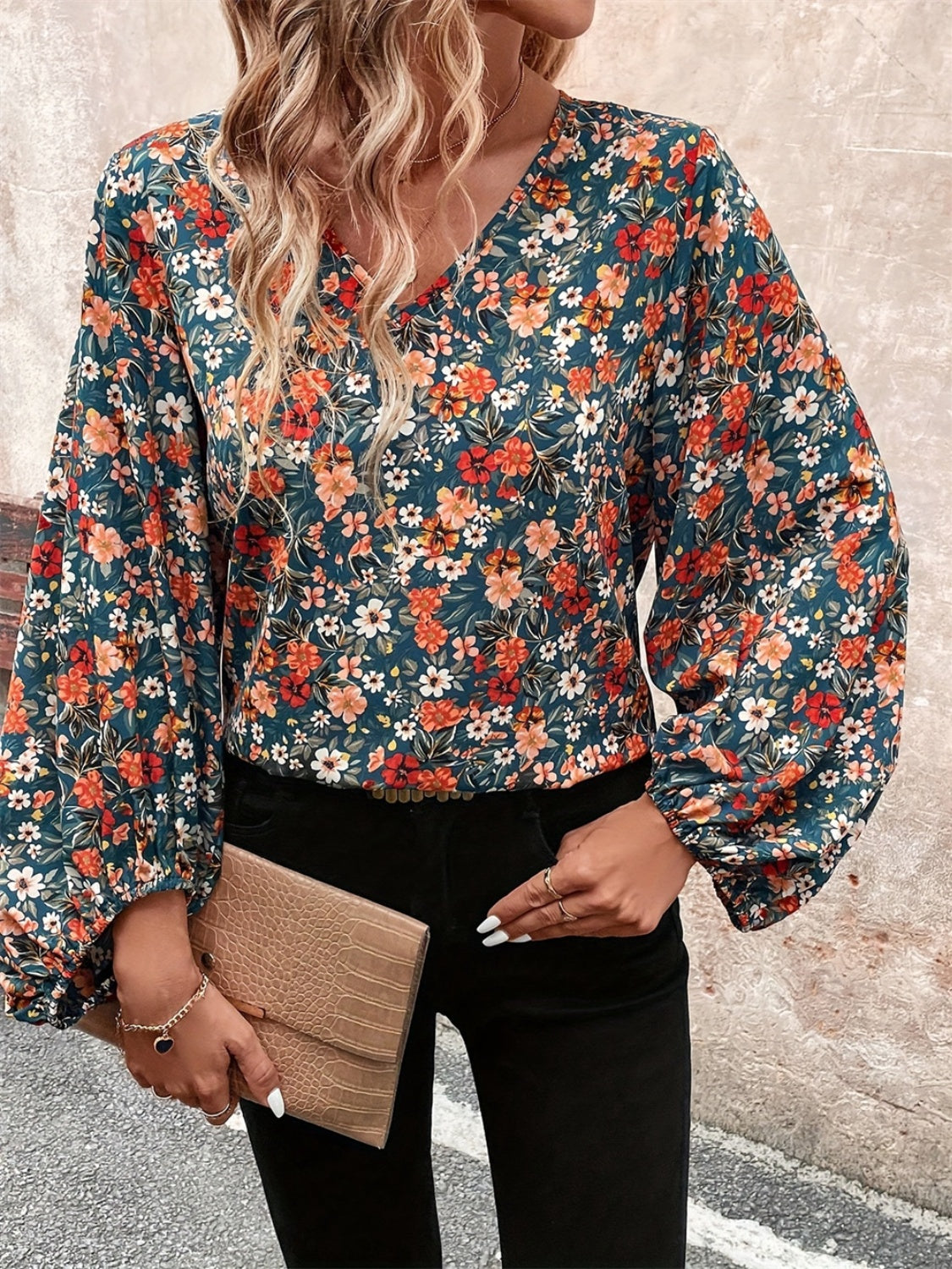 Explore More Collection - Printed V-Neck Balloon Sleeve Blouse