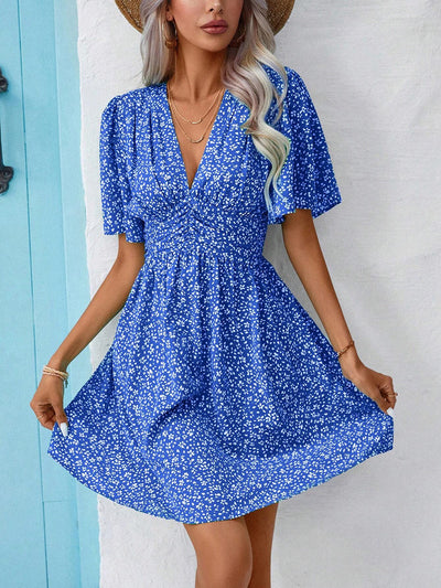 Explore More Collection - Printed V-Neck Half Sleeve Mini Dress