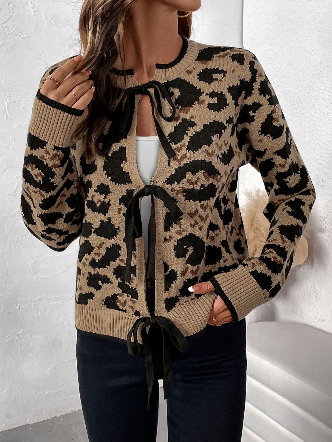 Explore More Collection - Perfee Tied Leopard Long Sleeve Cardigan