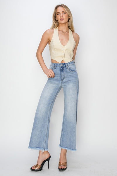 Explore More Collection - RISEN High Rise Crop Wide Fray Hem Jeans