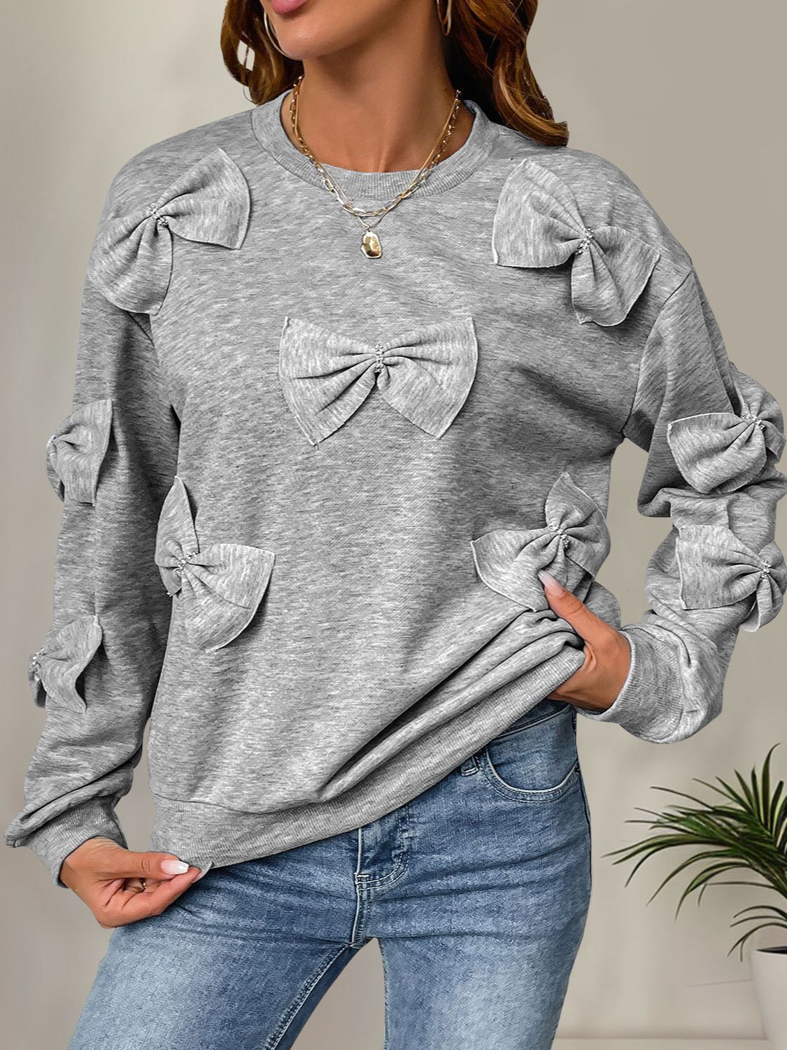 Explore More Collection - Bow Round Neck Long Sleeve Sweatshirt