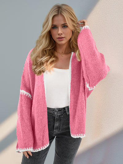 Explore More Collection - Double Take Contrast Open Front Dropped Shoulder Cardigan