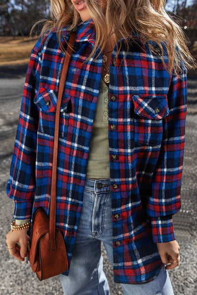 Explore More Collection - Pocketed Plaid Collared Neck Long Sleeve Shacket