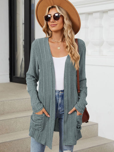 Explore More Collection - Pocketed Open Front Long Sleeve Cardigan