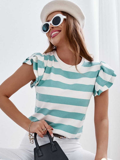 Explore More Collection - Full Size Striped Round Neck Cap Sleeve T-Shirt