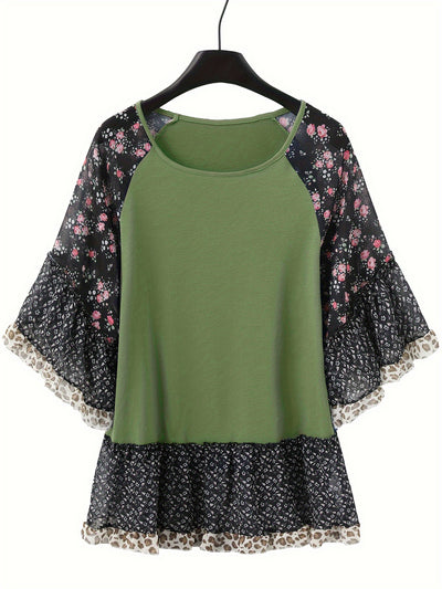 Explore More Collection - Full Size Frill Printed Round Neck Half Sleeve Blouse