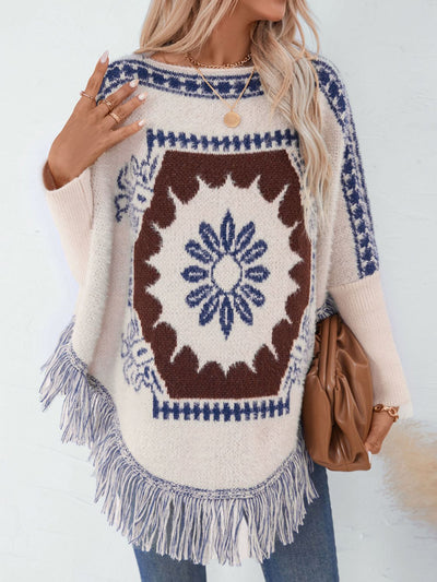 Explore More Collection - Fringe Geometric Long Sleeve Poncho