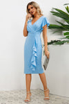 Explore More Collection - Ruffled Slit Surplice Cap Sleeve Dress