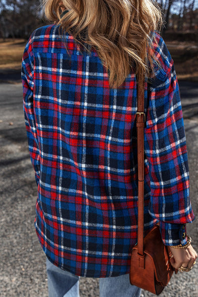 Explore More Collection - Pocketed Plaid Collared Neck Long Sleeve Shacket