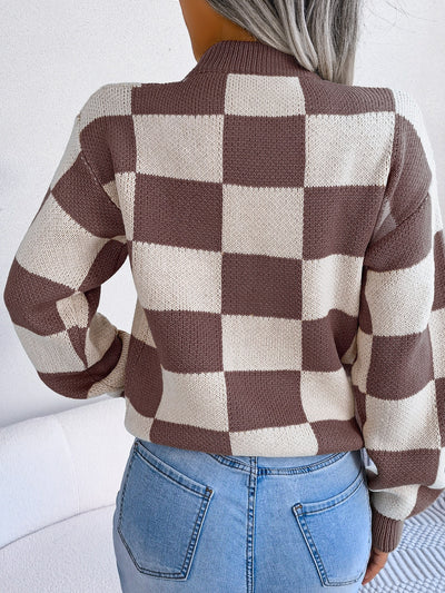 Explore More Collection - Checkered Mock Neck Long Sleeve Sweater