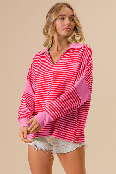 Explore More Collection - BiBi Striped Contrast Long Sleeve Knit Top