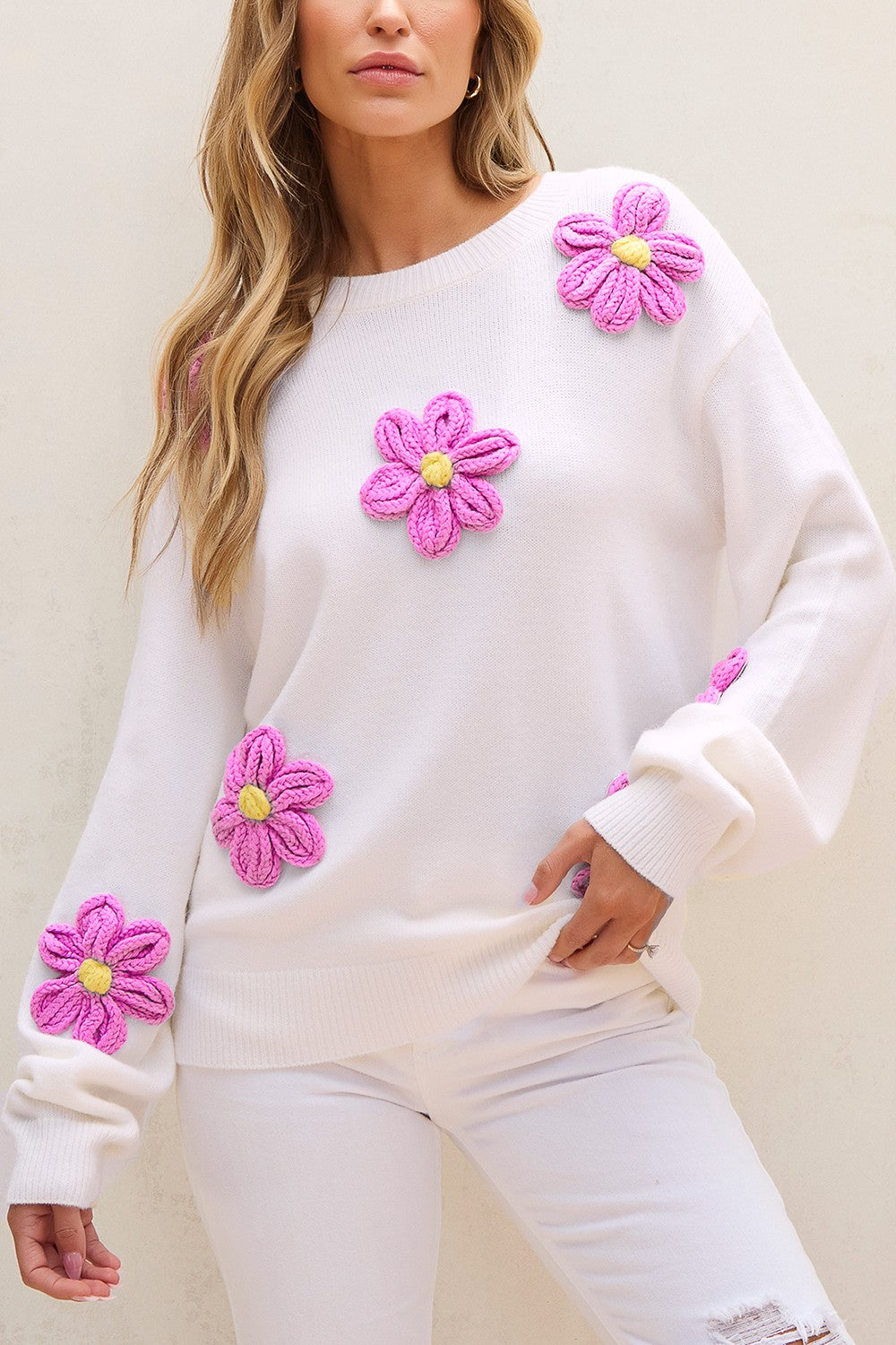 Explore More Collection - Crochet Flower Round Neck Long Sleeve Sweater