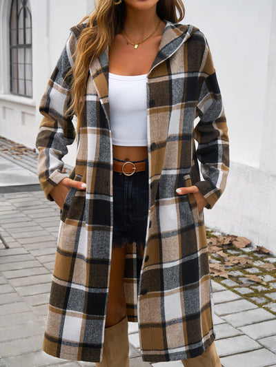 Explore More Collection - Plaid Long Sleeve Hooded Coat