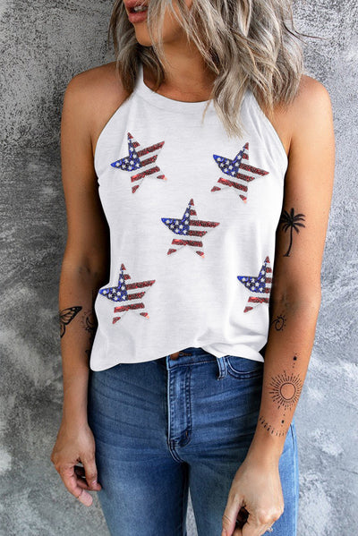 Explore More Collection - Sequin US Flag Star Grecian Neck Tank