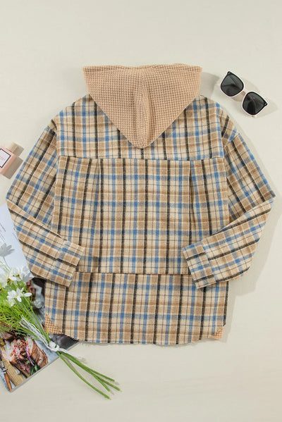 Explore More Collection - Drawstring Plaid Button Up Hooded Shacket