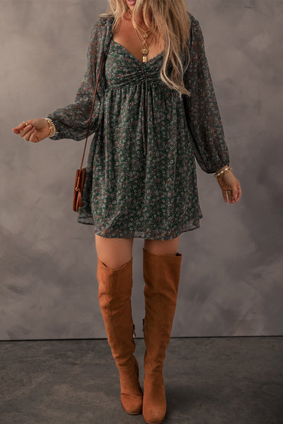 Explore More Collection - Ruched Printed Long Sleeve Mini Dress