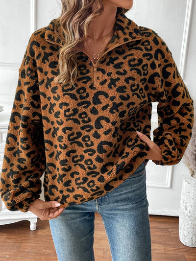 Explore More Collection - Leopard Half Zip Long Sleeve Sweatshirt